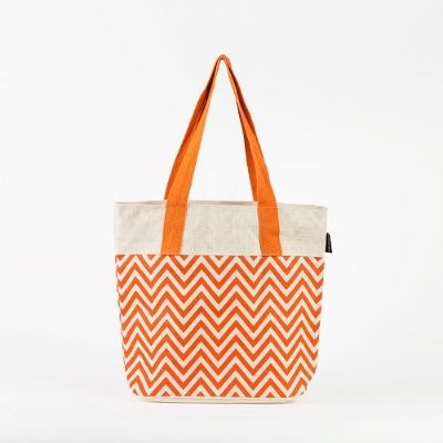 # AB 35 - TOSSA Fashion Jute Bag- Zig Zag print  orange&whiite (350 gm. Per Unit)