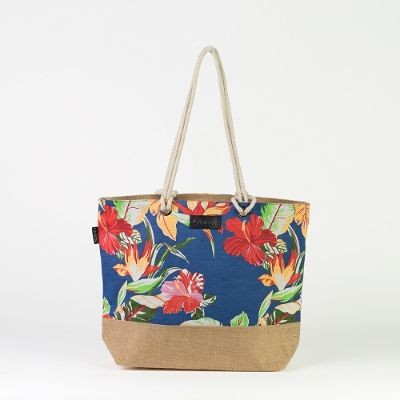 # RB 126 - TOSSA Fashion Cotton Bag - Tropical print blue-cord handles (25 Units Per Carton)